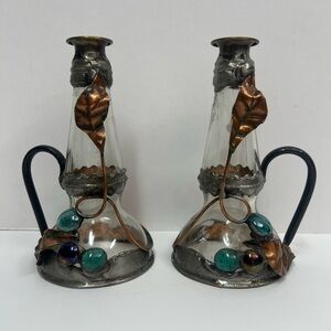 Vintage Candlestick Holders With Handle Copper Glass Stones Israel Elanomi 6”